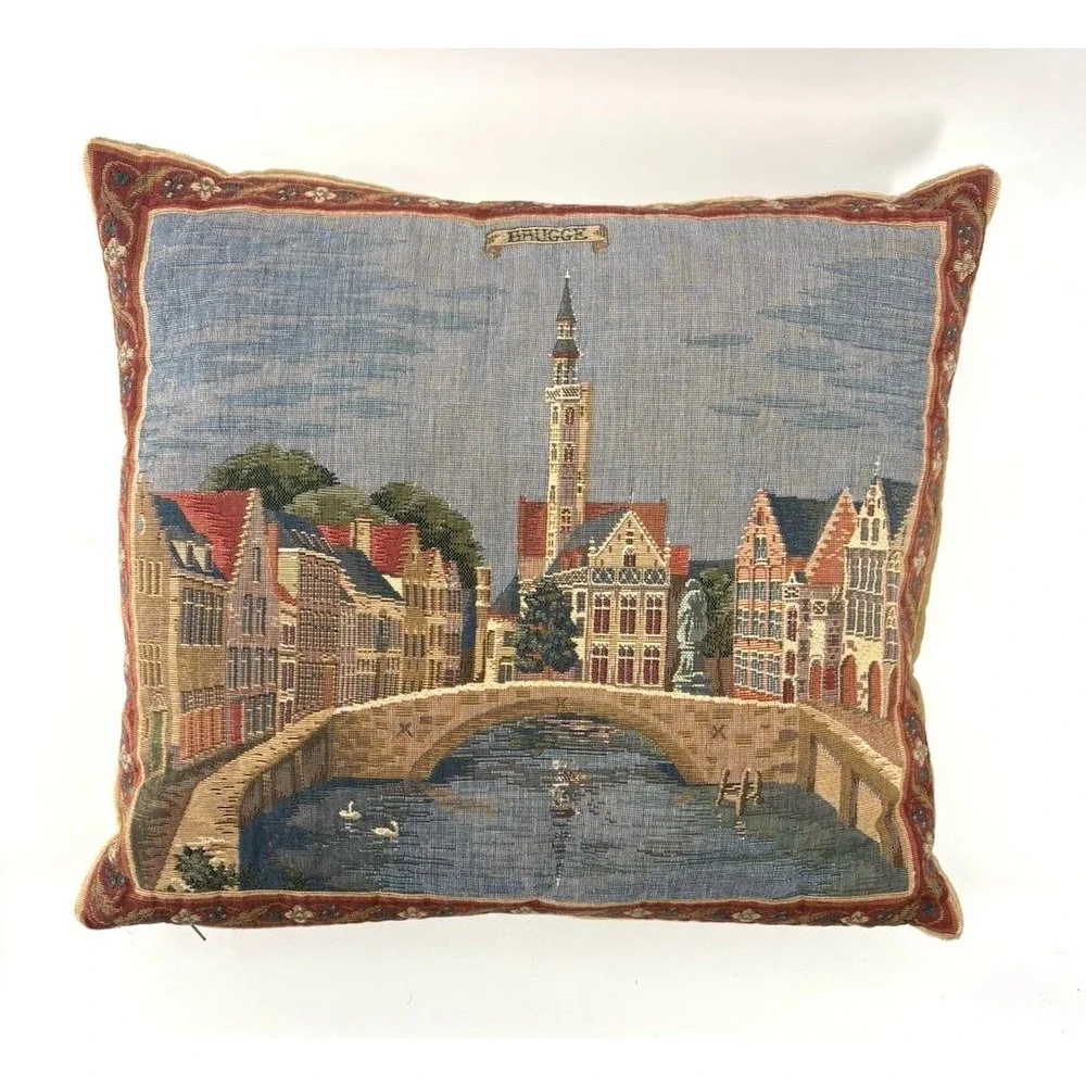 Vintage Brugge Belgium Tapestry Pillow 16x16 Canal Cityscape Woven Velvet Back